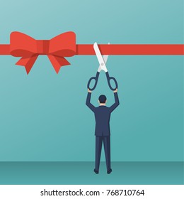 Businessman is holding big scissors cutting red ribbon. Grand opening concept. Vector illustration flat design. Isolated on background. Template ceremony, celebration, presentation and event.