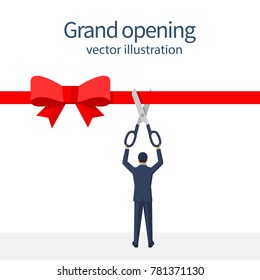 Businessman is holding big scissors cutting red ribbon. Isolated on white background. Grand opening concept. Vector illustration flat design. Template ceremony, celebration, presentation and event.
