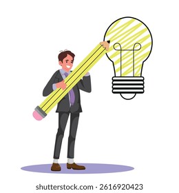 businessman holding a big yellow pencil drawing a light bulb, idea development concept. vector illustration.