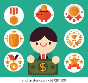Businessman holding a bill gets surrounded by business icons describing money and success