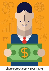 Businessman holding a bill while smiling