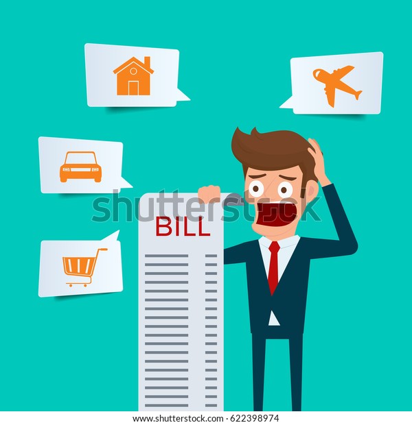 Businessman holding bills feels headache\
and worried about paying a lot of bills. Businessman no money. debt\
concept. Cartoon Vector\
Illustration.