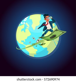 businessman holding binocular on flying money, fly around the world orbit. opportunity for money - vector illustration