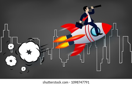 Businessman holding binocular sitting on the space shuttle launches into the sky on background blackboard. go to for higher business success goal. creative idea. leadership. vector illustration
