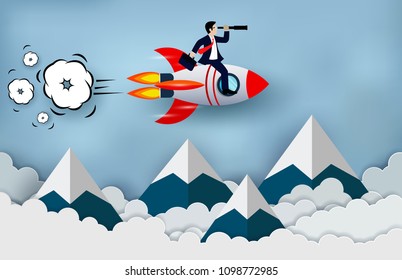 Businessman holding binocular sitting on the space shuttle launches into the sky with cloud and mountain. go to for higher business success goal. leadership. creative idea. vector illustration