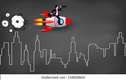 Businessman holding binocular sitting on the space shuttle launches into the sky on background blackboard. go to for higher business success goal. creative idea. vector illustration