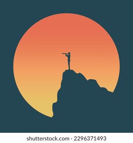 Businessman holding binocular stand on mountain with landscape nature. readership, vision, achieve, success, sunset, Silhouette vector background. illustration flat