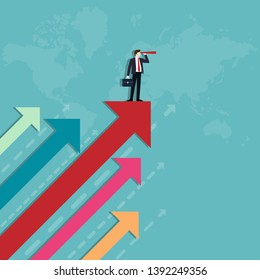 Businessman holding binocular standing on red arrow, Difference of business, Leadership, Business vision concept, Vector illustration flat