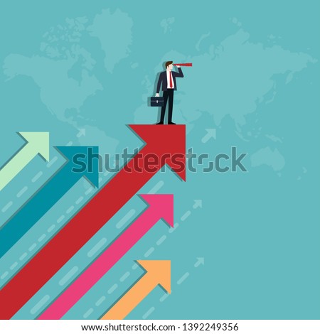Businessman holding binocular standing on red arrow, Difference of business, Leadership, Business vision concept, Vector illustration flat
