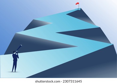 Businessman holding a binoculars looking at the flag farther from the top of the arrow.vector illustration.