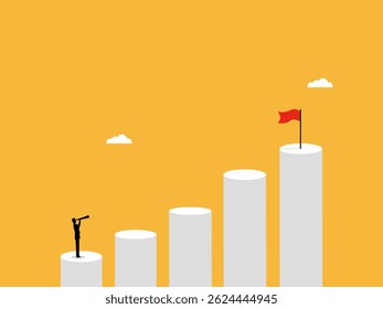 Businessman holding binoculars on bar graph looking at target flag