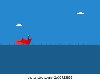 Businessman holding binoculars on paper boat exploring the sea