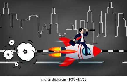 Businessman holding binoculars sitting on the space shuttle on background city blackboard. Go to for higher business success goal. creative idea. leadership. vector illustration