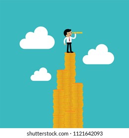 Businessman holding binoculars standing on a pile of coins vector illustrator