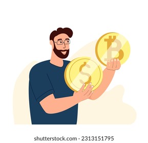 Businessman holding Bitcoin and dollar coin.Investor choosing cryptocurrency,traditional money.Finance,investment,wealth capital,income concept.Wealthy rich economic expert.Flat vector illustration