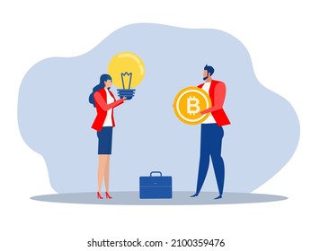 Businessman holding bitcoin to exchange a light bulb metaphor for bright idea. Vector illustration