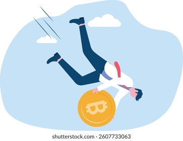 Businessman holding bitcoin falling down hill. Cryptocurrency business concept.


