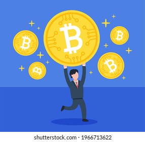 Empresario sosteniendo la cabeza de un bitcoin. Concepto de tecnología creativa de inversión criptodivisa. Símbolo de moneda digital. Simple y moderna ilustración vectorial linda. Diseño gráfico moderno de estilo plano.