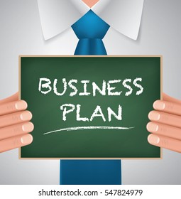 Businessman holding blackboard, vector signboard close up
