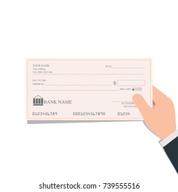 Businessman holding blank bank checks or che-que book on colored, vector illustration. 