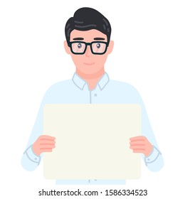 Businessman holding blank board in his hands. Office employee presenting sign. Manager male personage with empty commercial banner. Isolated vector illustration in cartoon flat style.