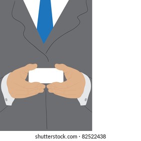 Businessman holding blank business card with both hands