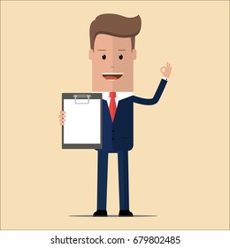 Businessman holding blank clipboard and showing OK gesture. Vector illustration