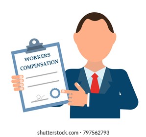 Businessman holding a blank in the form of compensation to workers. White background.

