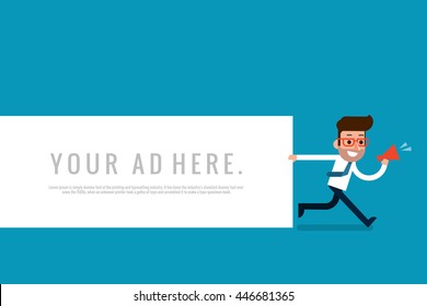 Businessman holding blank notes, flat design vector.