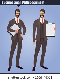 Businessman Holding Blank Paper On Clipboard. Young Businessman in Business Suit with Tie. Full length cartoon style character vector illustration.