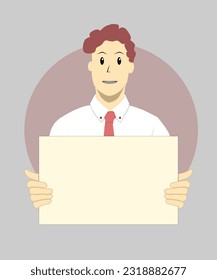 Businessman holding blank paper for presentation. A male worker was holding an empty banner. People holding placard. Happy male with an empty placard for ad.