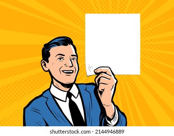 Businessman holding blank in retro comic pop art. Presentation, advertising concept vector illustration