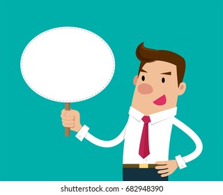 Businessman holding a blank sign. Isolated vector illustration