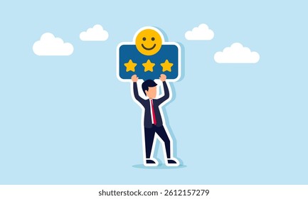 Businessman holding up a board with a happy emoticon and three stars, illustration of good customer satisfaction level