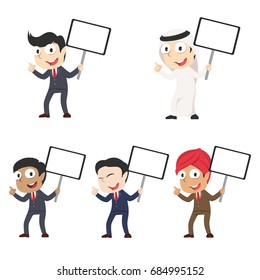 businessman holding board sign different race set