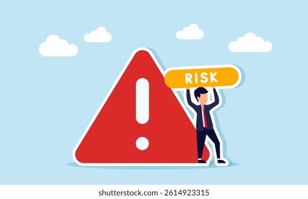 Businessman holding a board with the word RISK next to an exclamation or attention mark, illustration of the need for attention to risk management