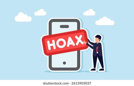 Businessman holding a board written HOAX to place on a smartphone, illustration of being alert to fake news spreading online and digitally through smartphones and social media