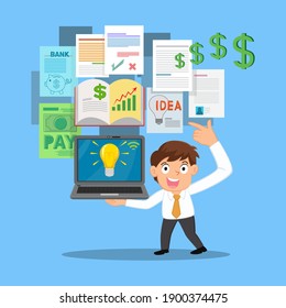 Businessman holding book how to make money, illustration vector cartoon