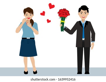 Businessman holding bouquet of beautiful red roses surprised to his girlfriend. Isolated on white background. Vector Illustration. Idea for couple relationship, romantic lover and valentines day. 