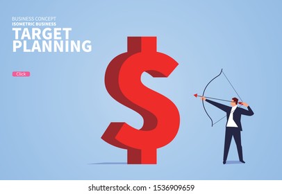 Businessman holding bow and arrow ready for archery dollar