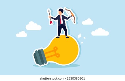 A businessman holding a bow and arrow standing on a light, illustration of efforts to focus on business ideas and innovation