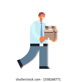 businessman holding box with stuff things happy business man standing pose new job concept male office worker in formal wear flat full length vector illustration