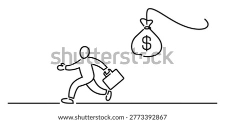 Businessman holding a briefcase chasing after a flying money bag icon Vector, illustration