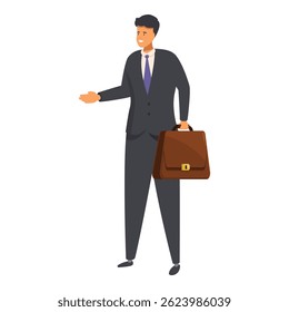 Businessman is holding a briefcase and gesturing a greeting