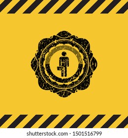 businessman holding briefcase icon black grunge emblem with yellow background. Vector Illustration. Detailed.