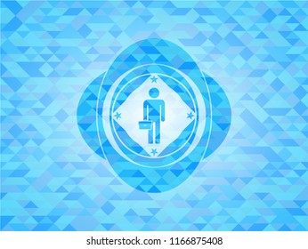 businessman holding briefcase icon inside sky blue emblem with triangle mosaic background