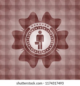 businessman holding briefcase icon inside red badge with geometric pattern. Seamless.