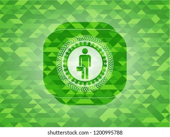 businessman holding briefcase icon inside realistic green emblem. Mosaic background