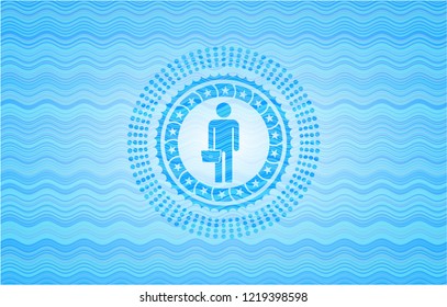 businessman holding briefcase icon inside sky blue water wave emblem background.