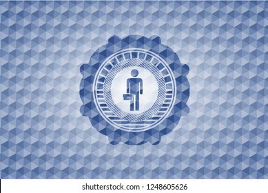 businessman holding briefcase icon inside blue emblem with geometric pattern background.